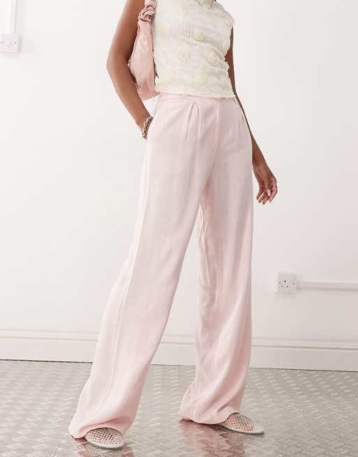 Asos Reclaimed Vintage Wide Leg Relaxed Linen Blend Trouser In Pink