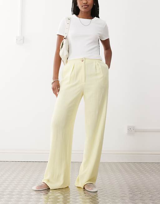Asos Reclaimed Vintage Wide Leg Relaxed Linen Blend Trouser In Buttermilk Yellow