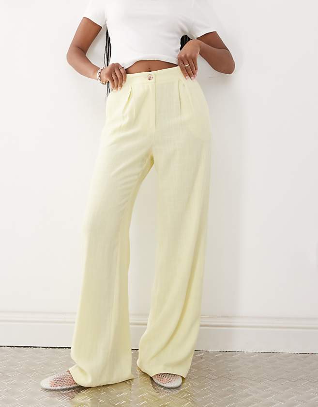 asos Reclaimed Vintage wide leg relaxed linen blend trouser in buttermilk yellow
