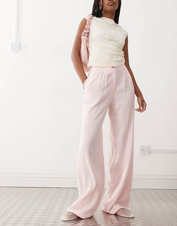 asos Reclaimed Vintage wide leg relaxed linen blend trouser in pink