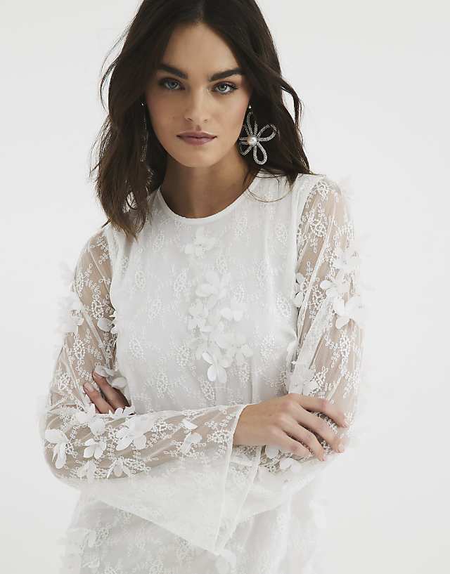 Asos River Island 3d Floral Applique Shift Dress In White