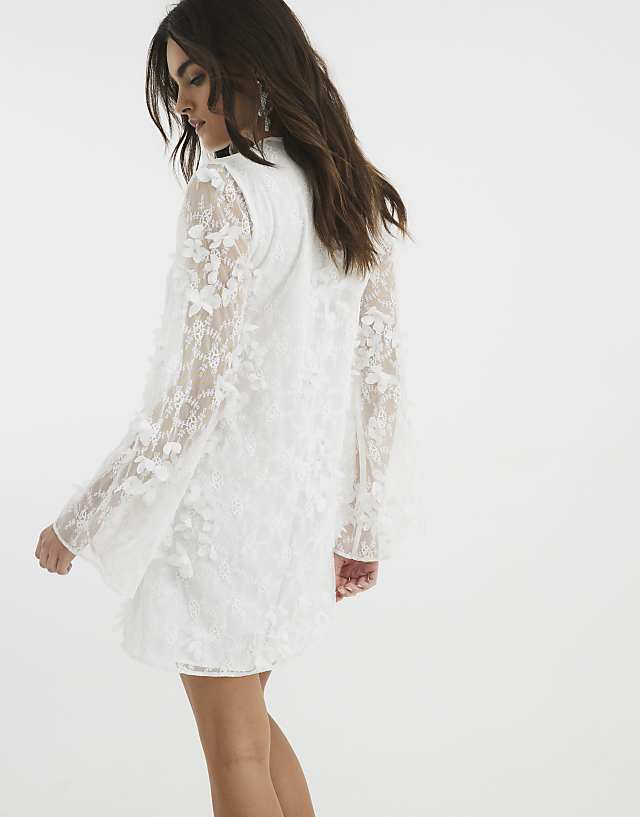 Asos River Island 3d Floral Applique Shift Dress In White