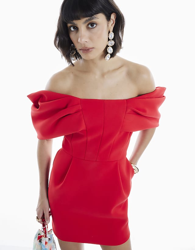 Asos River Island Bonded Crepe Structured Bardot Mini Dress In Red
