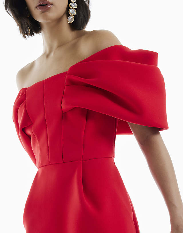 Asos River Island Bonded Crepe Structured Bardot Mini Dress In Red