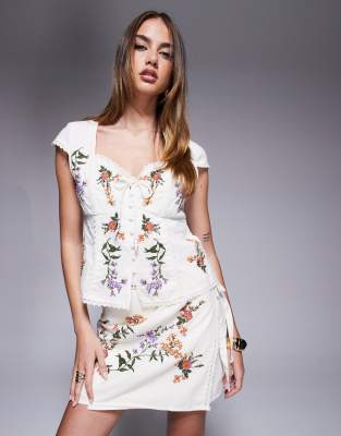 Asos River Island Corset Floral Embroided Top Co Ord In White