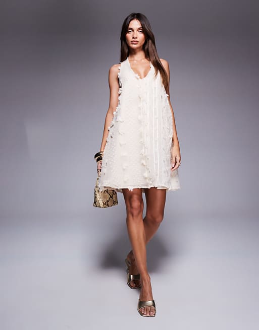Asos River Island Embellished Halterneck Mini Dress In Cream