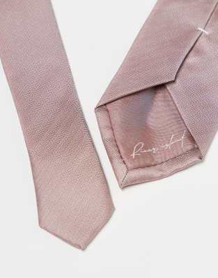 Asos River Island Herringbone Tie And Pocket Square Set In Light Pink