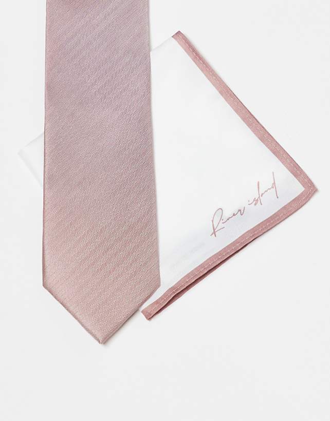 asos River Island herringbone tie and pocket square set in light pink