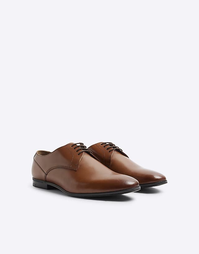 asos River Island Leather wide fit derby shoes in brown - light