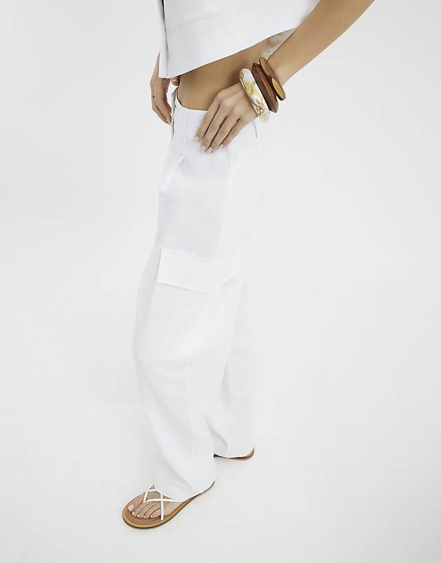 Asos River Island Linen Blend Wide Leg Trousers In White