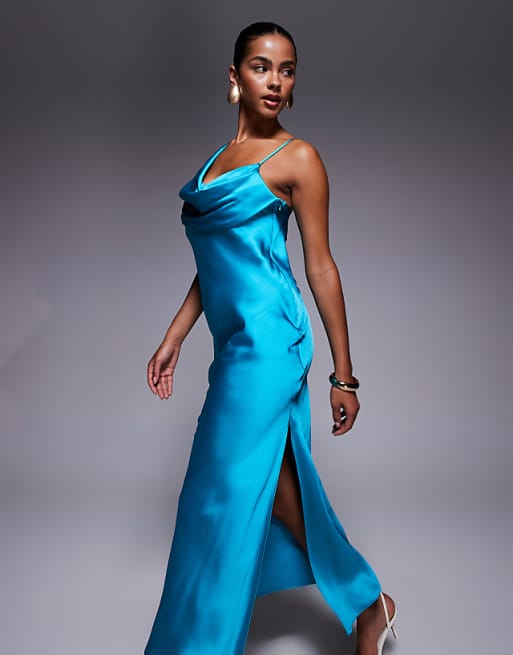 Asos River Island One Shoulder Cowl Neck Maxi Dress In Turquoise