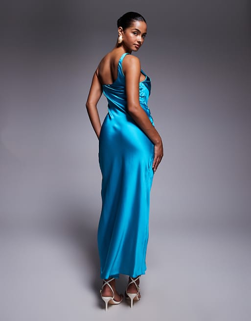 Asos River Island One Shoulder Cowl Neck Maxi Dress In Turquoise