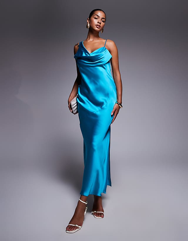 asos River Island one shoulder cowl neck maxi dress in turquoise