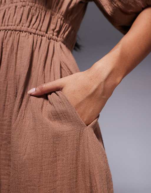 Asos River Island Puff Sleeve Linen Look Midi Dress In Stone