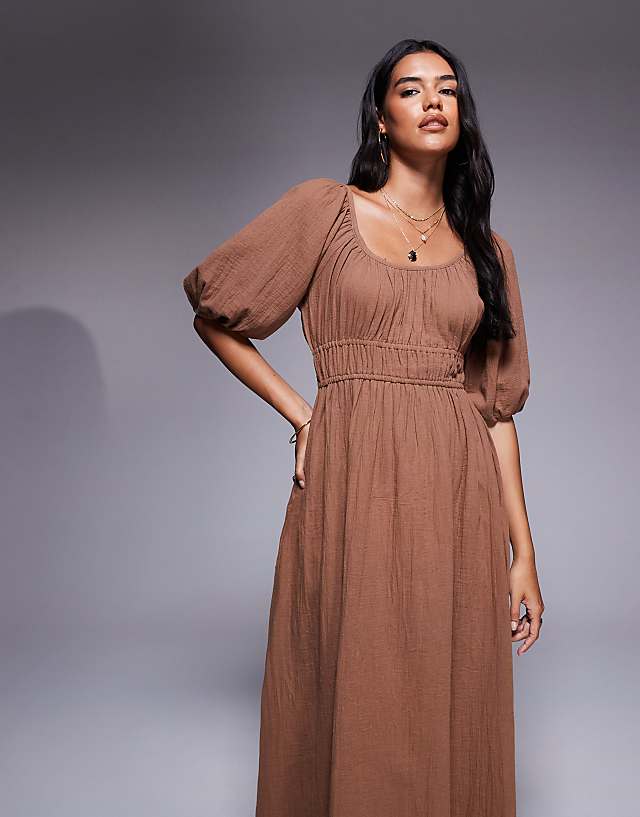 Asos River Island Puff Sleeve Linen Look Midi Dress In Stone