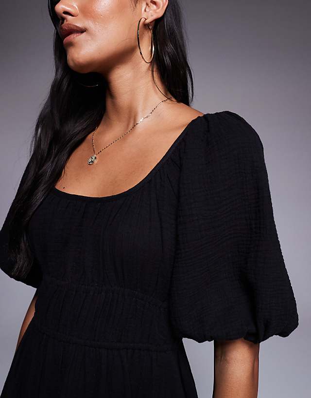 Asos River Island Puff Sleeve Linen Look Midi Dress In Black