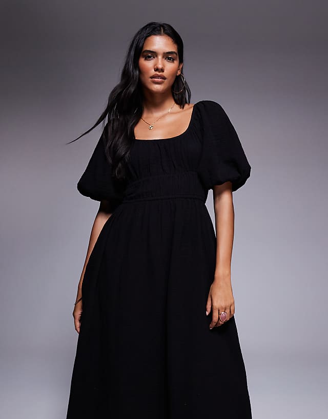 Asos River Island Puff Sleeve Linen Look Midi Dress In Black