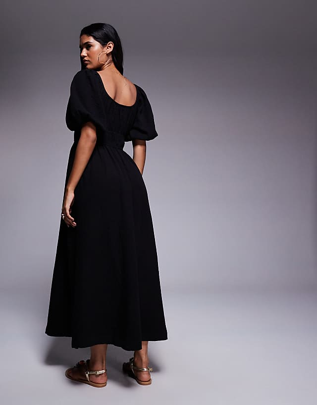 Asos River Island Puff Sleeve Linen Look Midi Dress In Black