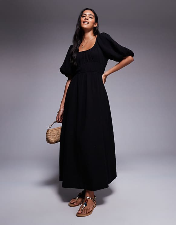 asos River Island puff sleeve linen look midi dress in black