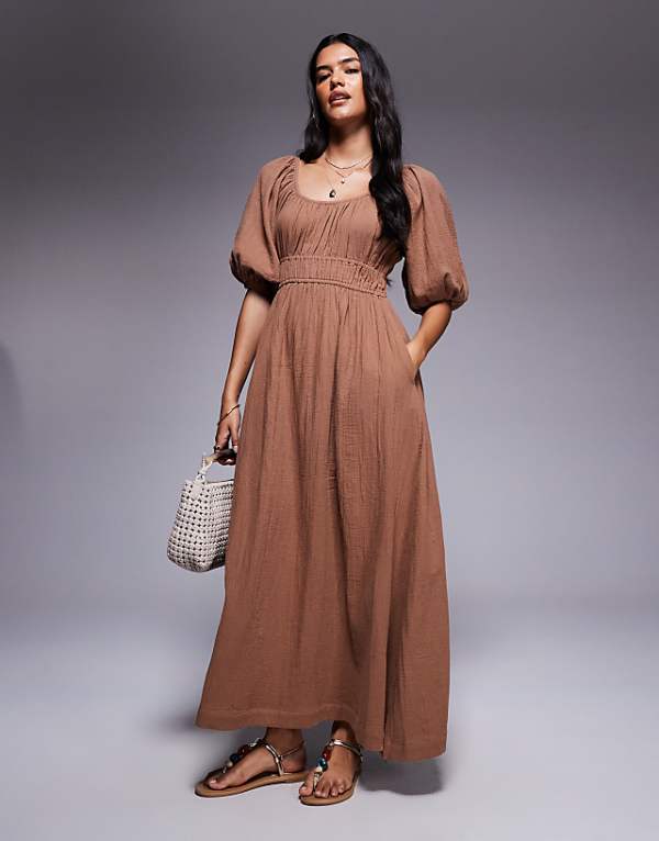 asos River Island puff sleeve linen look midi dress in stone