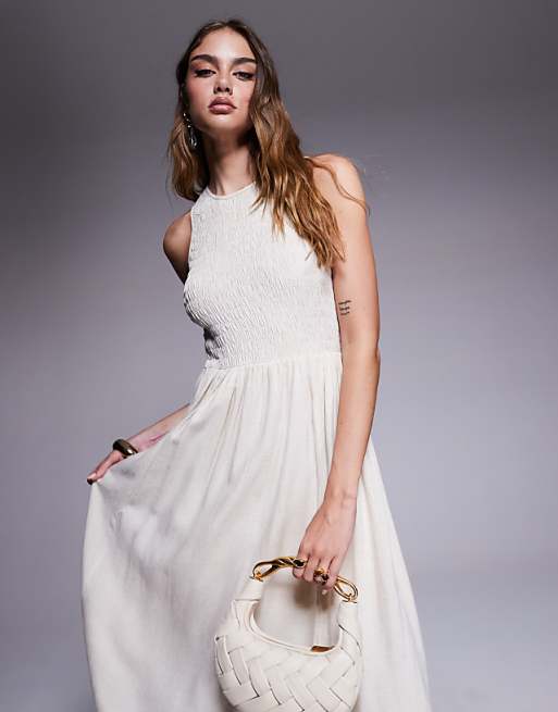 Asos River Island Puffball Linen Midi Dress In Cream