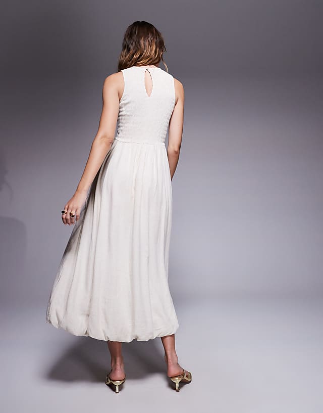 Asos River Island Puffball Linen Midi Dress In Cream