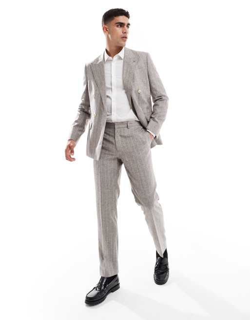 Asos River Island Slim Linen Suit In Grey Pinstripe