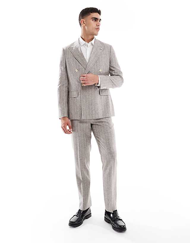 asos River Island slim linen suit in grey pinstripe