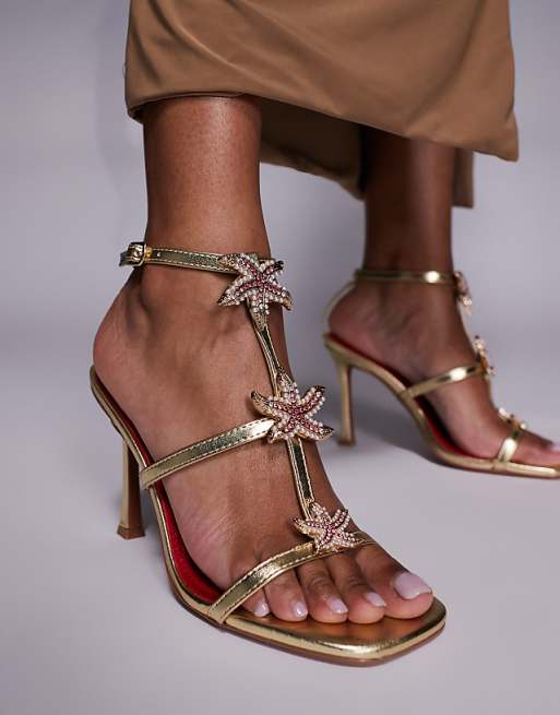 Asos River Island Starfish Detail Heeled Sandal In Gold