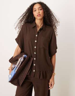 Asos River Island Tie Sleeve Detail Linen Look Shirt In Brown - BROWN