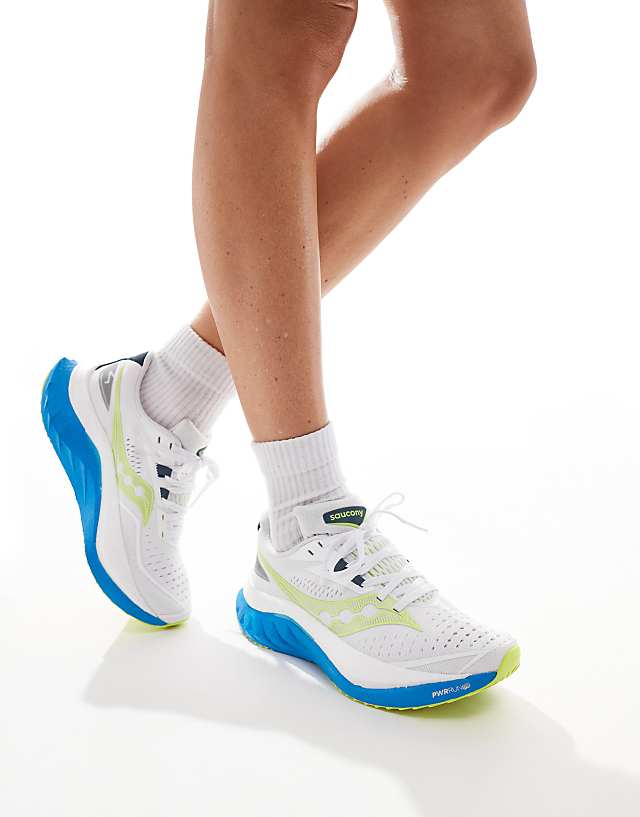 asos Saucony Endorphin Speed 4 neutral running trainers in white and viziblue