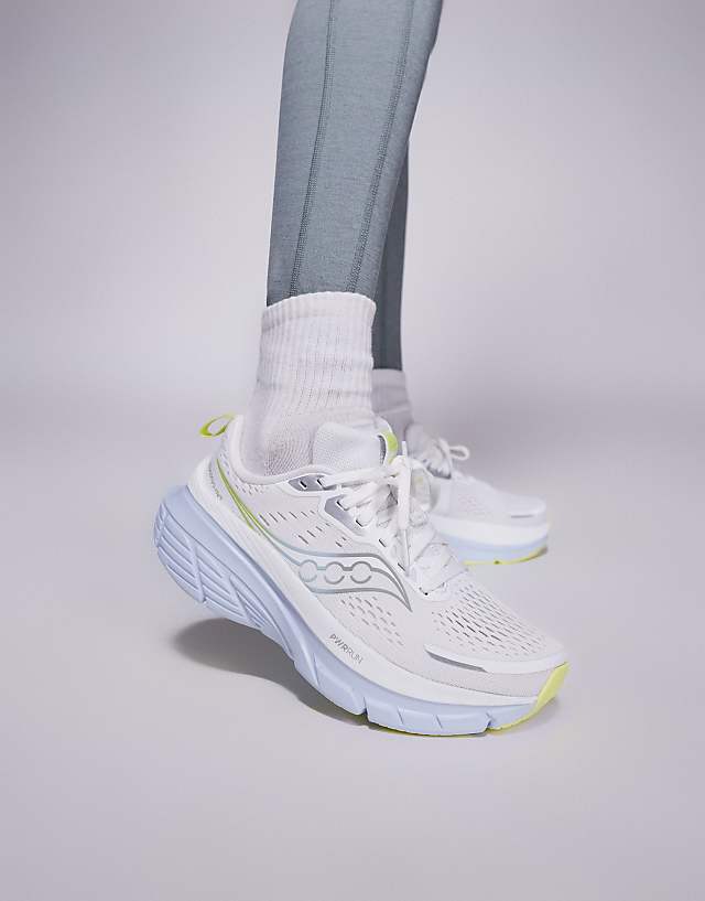asos Saucony Guide 18 max cushioning trainers in white and ice melt