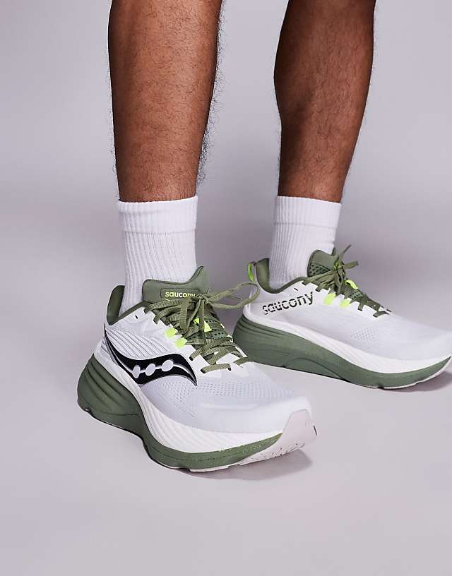 asos Saucony Hurricane 24 running trainers in white and olivine