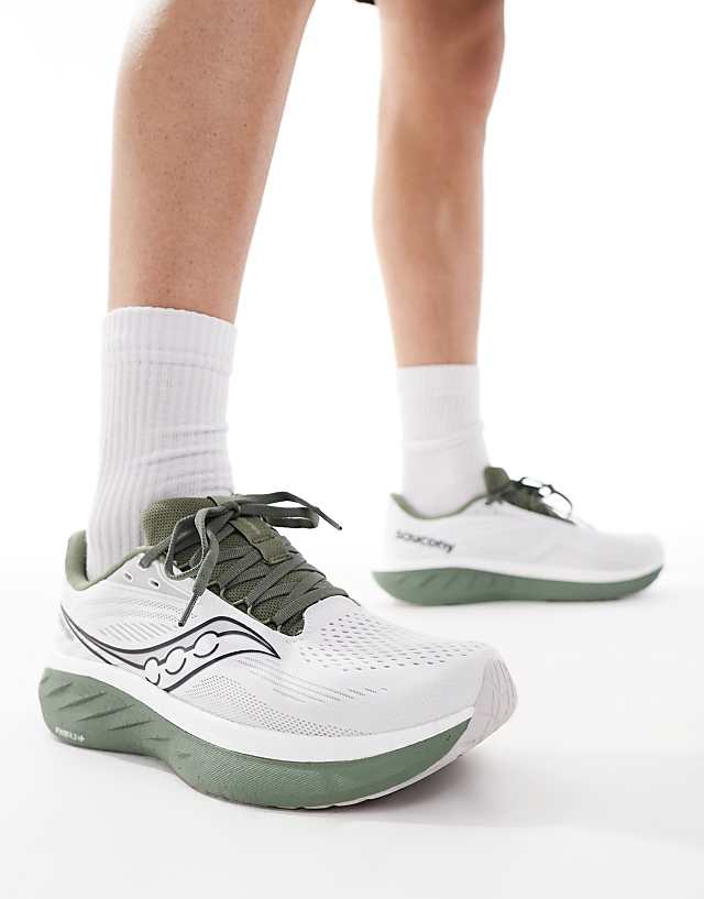 asos Saucony Ride 18 running trainers in white and olivine
