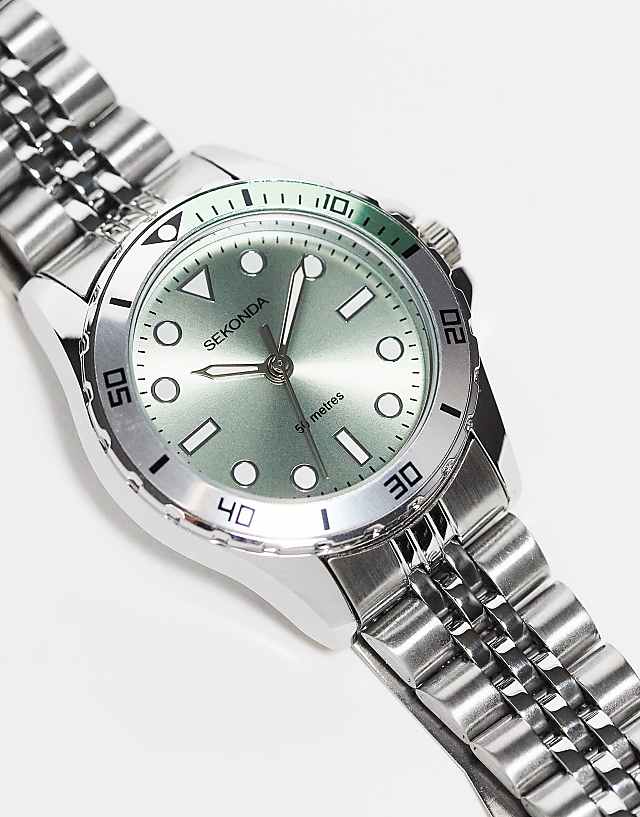 Asos Sekonda Bracelet Watch With Green Dial In Silver