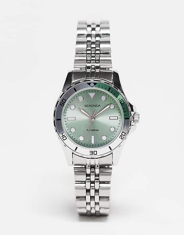 asos Sekonda bracelet watch with green dial in silver