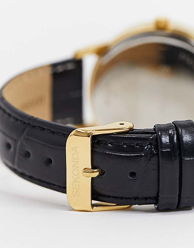 Asos Sekonda Leather Watch In Black With Gold Case And Dial