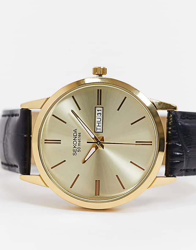 Asos Sekonda Leather Watch In Black With Gold Case And Dial