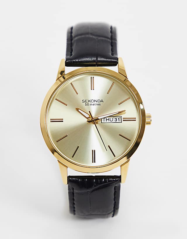 asos Sekonda leather watch in black with gold case and dial