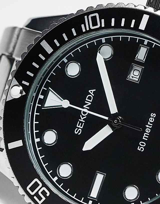 Asos Sekonda Mens Bracelet Diver Watch With Black Dial In Silver