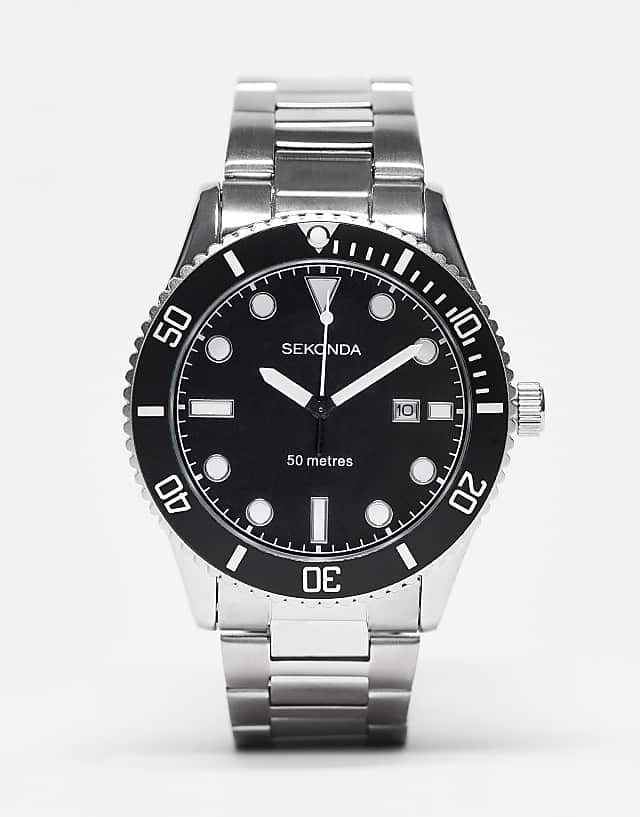 asos Sekonda mens bracelet diver watch with black dial in silver