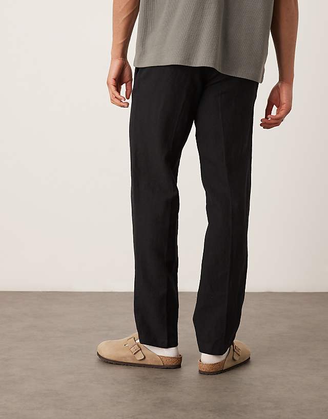 Asos Selected Homme Leroy Straight Fit Linen Trouser In Black