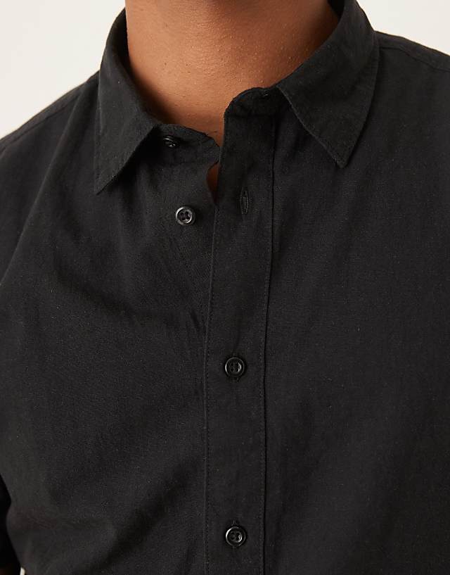 Asos Selected Homme Linen Blend Short Sleeve Shirt In Black