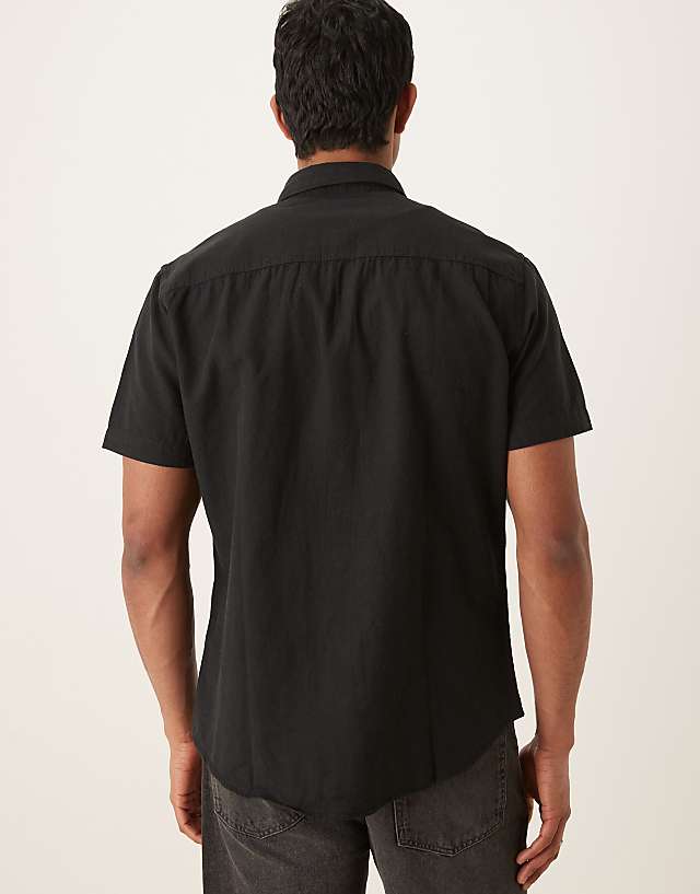 Asos Selected Homme Linen Blend Short Sleeve Shirt In Black