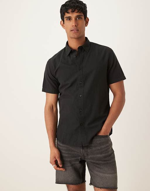 asos Selected homme linen blend short sleeve shirt in black