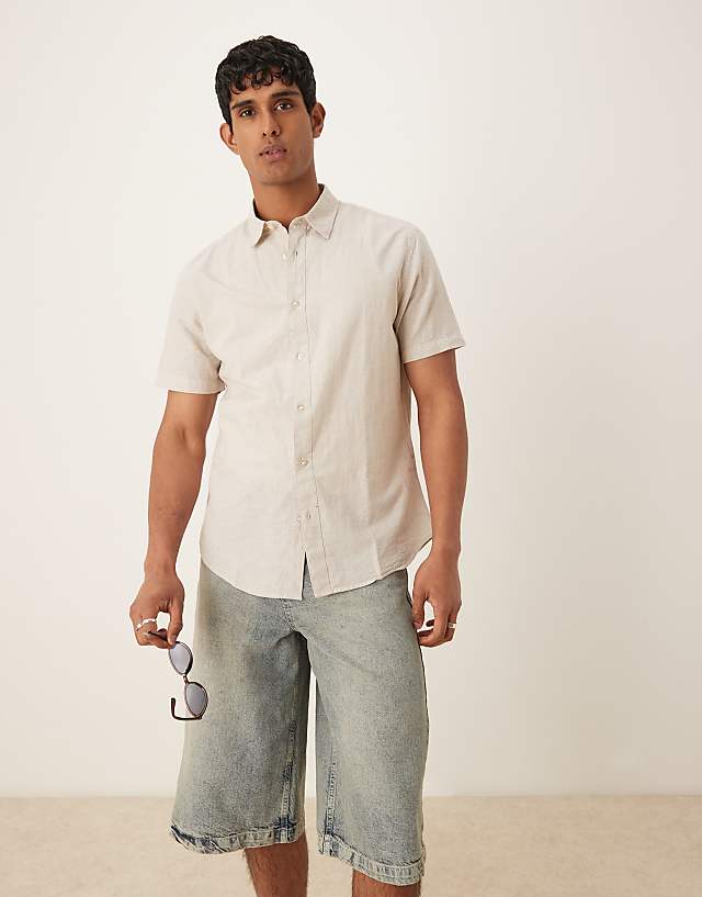 Asos Selected Homme Linen Blend Short Sleeve Shirt In Cream