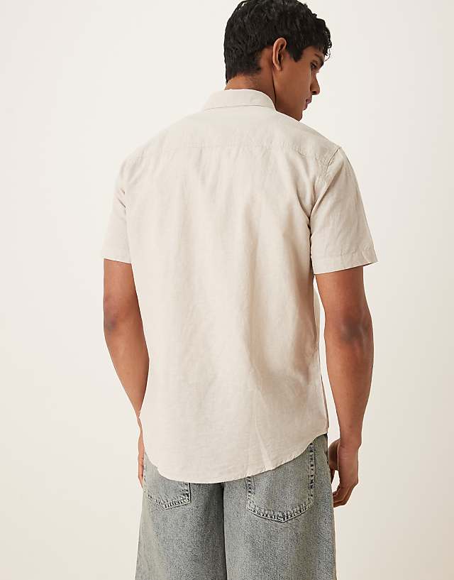 Asos Selected Homme Linen Blend Short Sleeve Shirt In Cream
