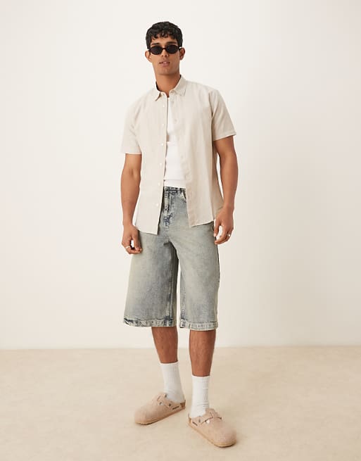 asos Selected homme linen blend short sleeve shirt in cream