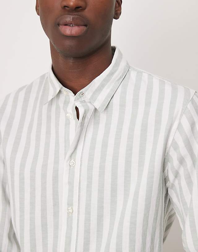 Asos Selected Homme Linen Blend Slim Shirt In Green Stripe