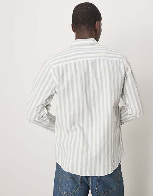 Asos Selected Homme Linen Blend Slim Shirt In Green Stripe